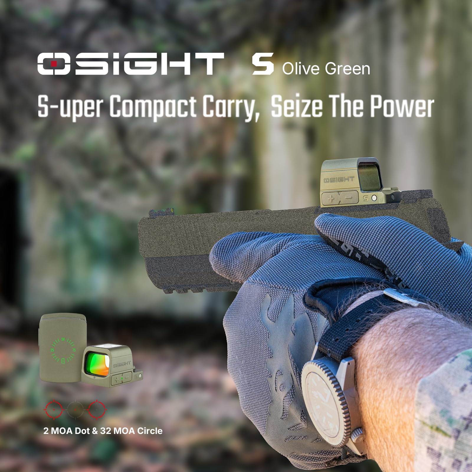 כוונת השלכה סגורה לאקדח קומפקטי Osight S Multi-Reticle- צבע ירוק זית