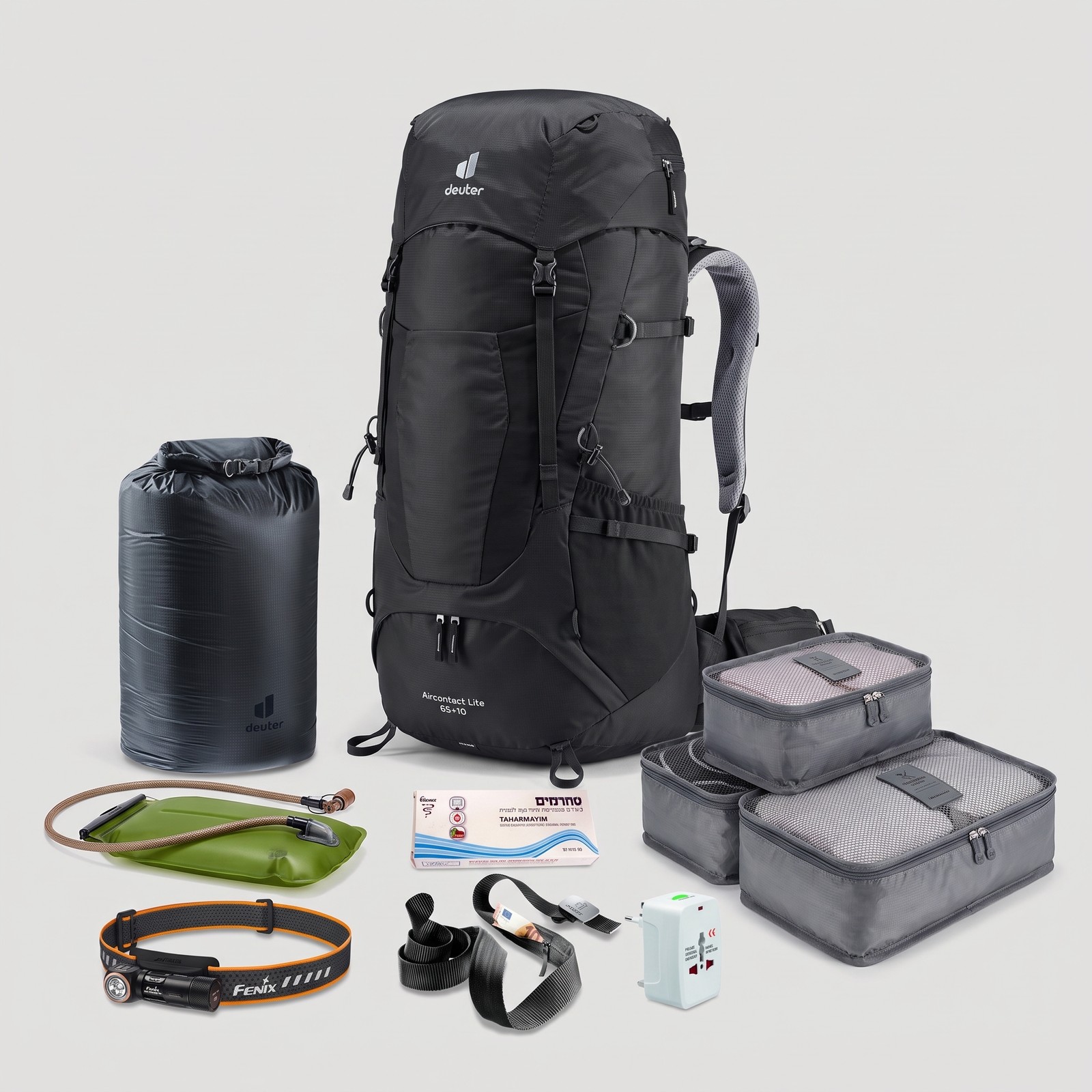 ערכת טרק Deuter Aircontact Lite 65+10 — תרמיל, שלוקר ופנס ראש